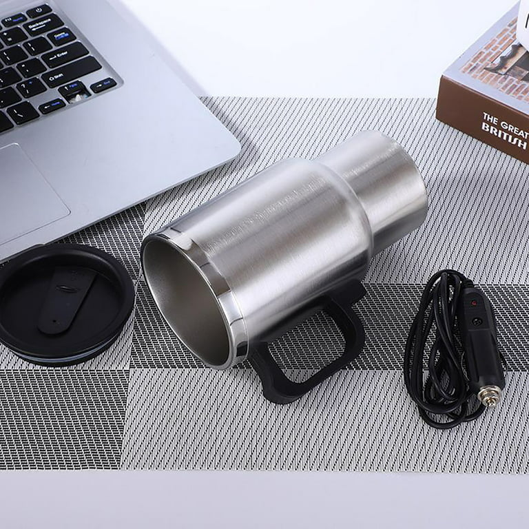 Jikolililili Heated Travel Mug 16 oz 12V Stainless Steel Electric Car Kettle Boiler Portable In-car Heating Cup Coffee Tea Warmer Cup Thermoses
