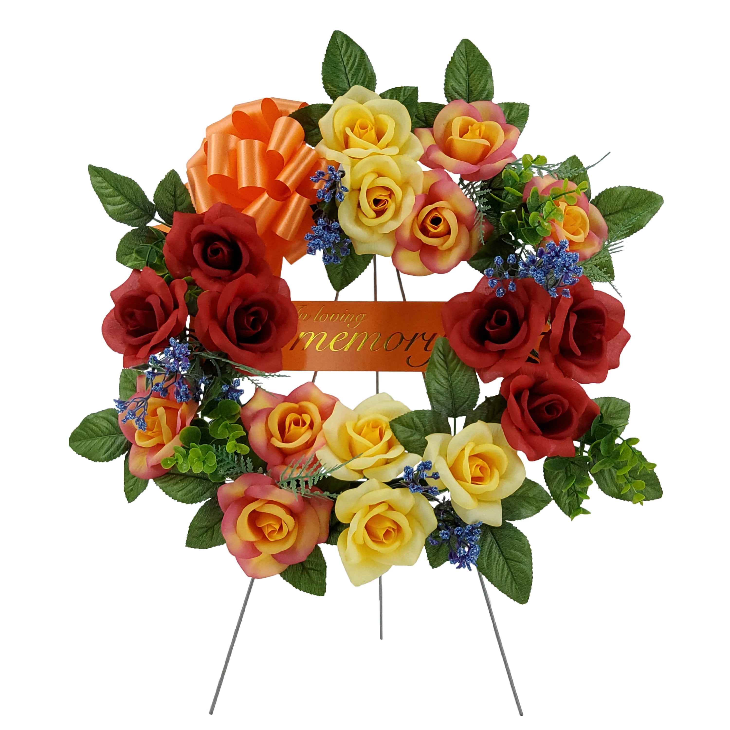 Mainstays 17in Outdoor Artificial Rose Wreath, Red and Yellow Color. Polyester.