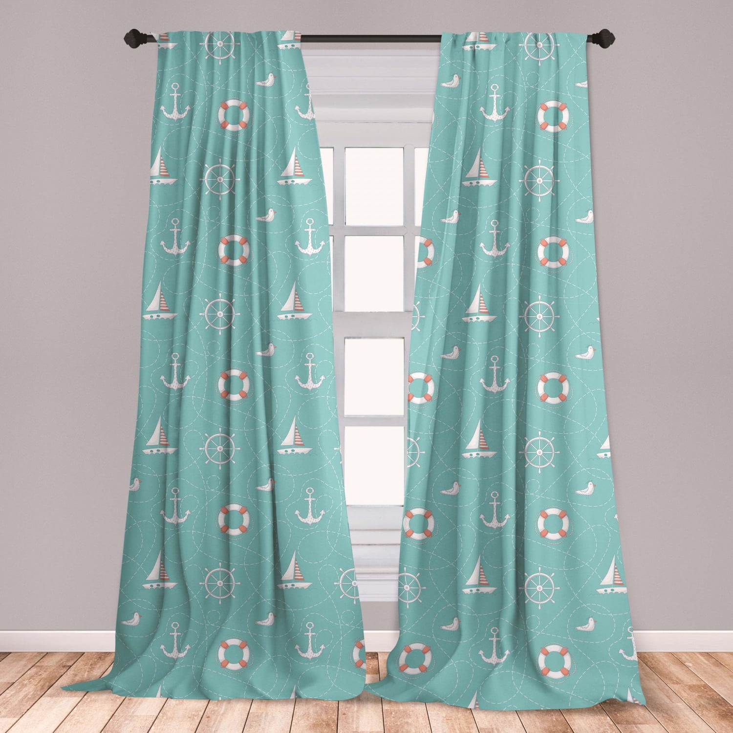 Anchor Curtains 2 Panels Set, Nautical Arrangement with Seagull Helm