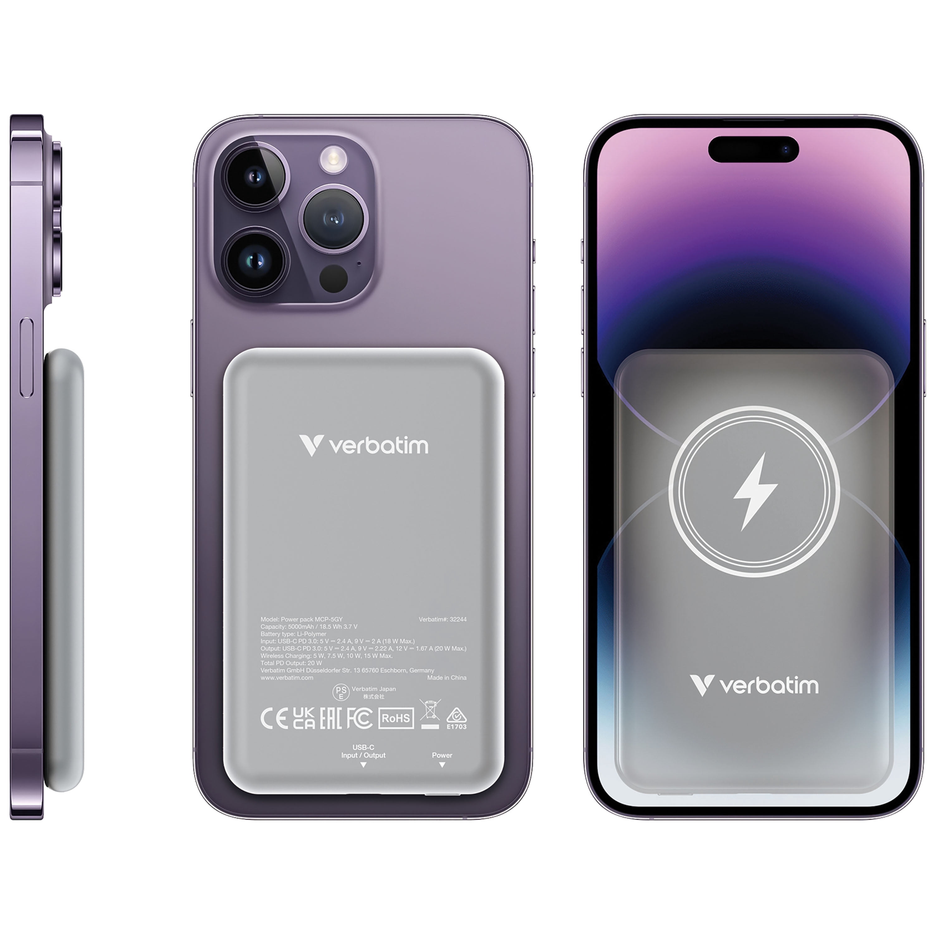 Verbatim Charge 'n' Go Magnetic Wireless Power Bank 5000 mAh - Gray