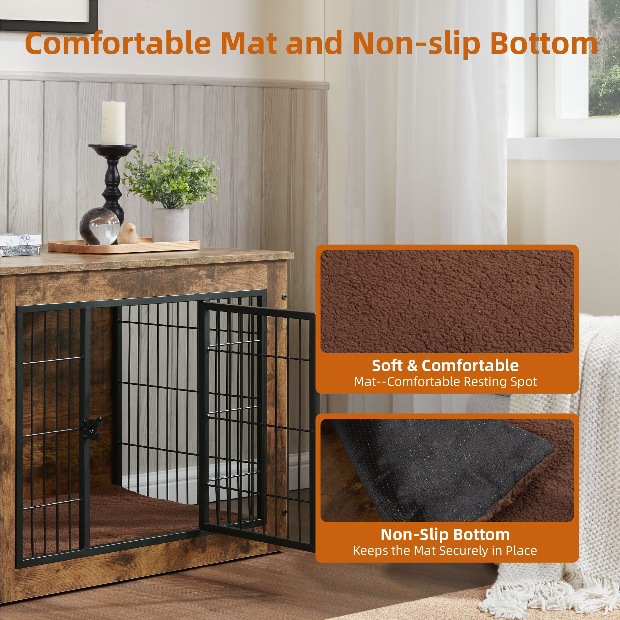 MAYEERTY 40" Wooden Dog Crate Furniture with Cushion, Double Doors for Small/Medium Dogs, Rustic Brown