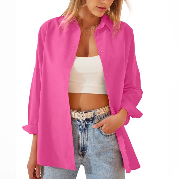 Summer Tops for Women Long Sleeve Shirt Turndown Cardigan Top Solid Loose Casual Summer Shirts for Women Hot Pink L