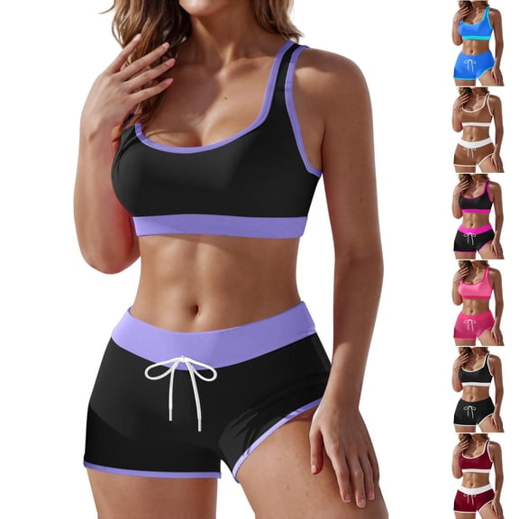 IYYVV Women's Tankini Swimsuit Colorblock Sporty Bathing Suits Mid Waisted Boyshorts Two Piece Tummy Control Swimwear Purple L