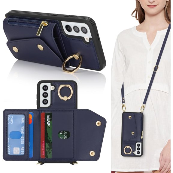 for Samsung Galaxy S21 FE Case with Card Holder and Strap - Zipper Pocket,Crossbody Lanyard Strap,Credit Card Holder,Stand Ring,Cute Phone Wallet Case for Women(Dark Blue,6.4 Inch)