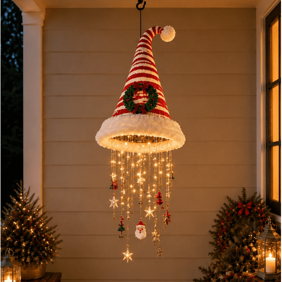 Lighted Santa Hat Hanging Chandelier, Holiday Hanging Light for Indoor Outdoor Use, Great for Winter Festivities and Home Holiday Styling