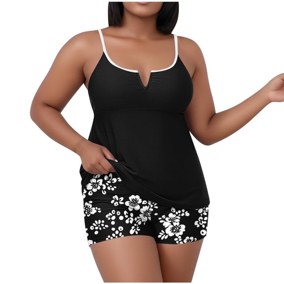 VEKDONE Womens Swimsuit 2 Piece Plus Size Solid Color Spaghetti Straps Tank Tops with Chest Pad Fashion Floral Print Boyshorts Swimsuits Sets Hawaiian Vacation Beach Swimwear Black XXL
