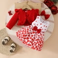 thumbnail image 2 of ZQUUVOU Baby Girls Heart Print Dress Set Long Sleeve Round Neck Bow Romper with Headband Valentines Day Outfit Red, 2 of 8