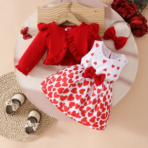 BRGZLK Girls Ruffle Long Sleeve Dress Cute Round Neck Heart Printed Bow Cotton Cardigan Set Spring Autumn Clothes Outfits with Headband Red 18-24 Months