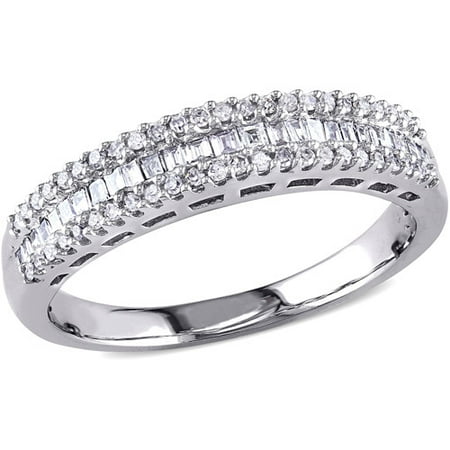 Miabella 1/3 Carat T.W. Parallel Baguette- and Round-Cut Diamond 14kt White Gold Three-Row Semi-Eternity Anniversary Ring