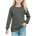thumbnail image 2 of HAOTAGS Big Girls Long Sleeve T-shirts(5-14), Casual Round Neck Pocket Tee Daily School Pullover Tops Dark Gray 5 Years, 2 of 9