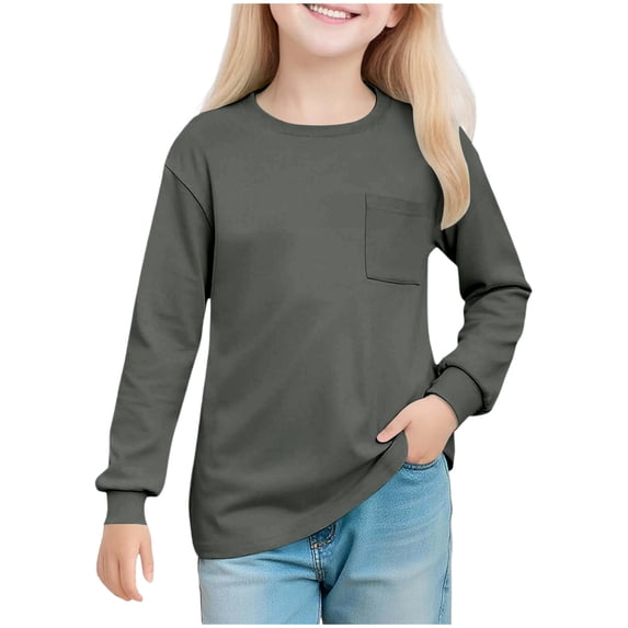 BaoFuBaoMei Basic Tee Shirt Girls Solid Color Long Sleeve Tops Slim Crew Neck Fall Clothes for School Daily Wear Outdoor