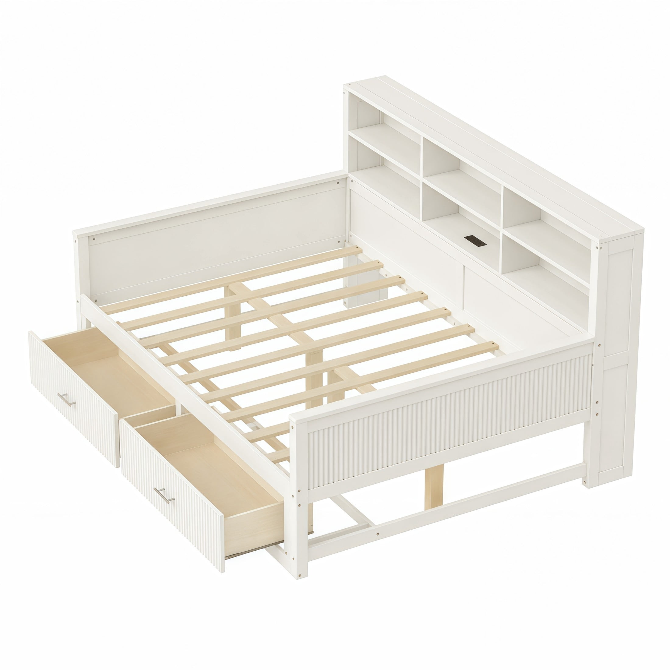 GDF Studio Josha Full-Size Wooden Daybed with Bookcase Headboard, Storage Drawers & Built-In Charging Station, White