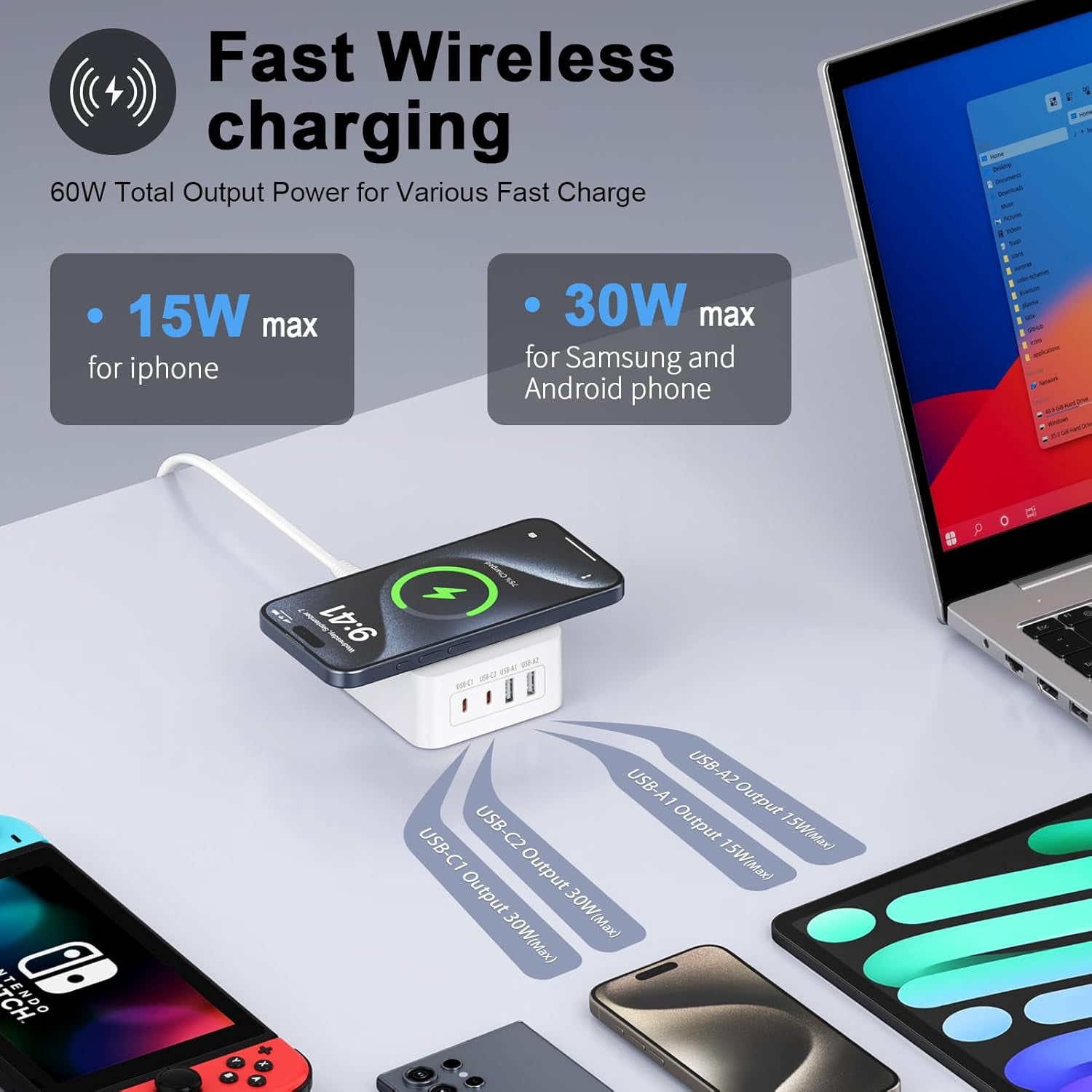 60W Charger Block,Fast Wireless Charger for iPhone 16/16 Pro/16 Pro Max/16 Plus/15/14/13/12,Samsung Galaxy S24/A15 5G/A35/A55/A25,Motorola Razr 2024,Edge 2024,G Stylus,4-Port USB C Charging Station
