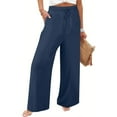 thumbnail image 4 of lcziwo Prime Sales Today, Women's Side Hollow Cotton Linen Summer Pants Casual Elastic Waist Drawstring Straight Sweatpants Solid Color Lounge Trousers with Pockets Navy L, 4 of 9