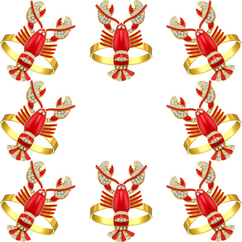 Set of 8 Alloy Lobster Napkin Rings Gold Crayfish Rhinestone Napkin Rings Lobster Enamel Napkin Buckle Table Setting Decor for Coastal Seafood Theme Wedding Parties Carnival Holiday