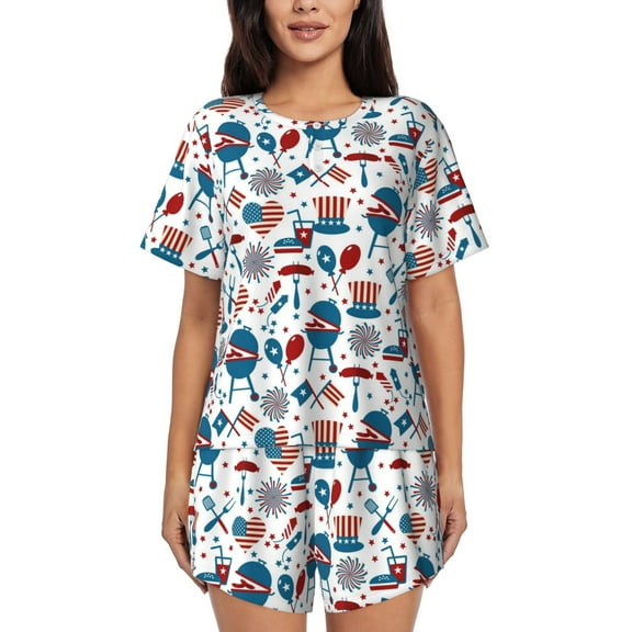 Logiee Fourth Of July Party Print Womens Pajamas Set,Short-Sleeve Pajama 2 Piece Sleepwear with Pockets-Small
