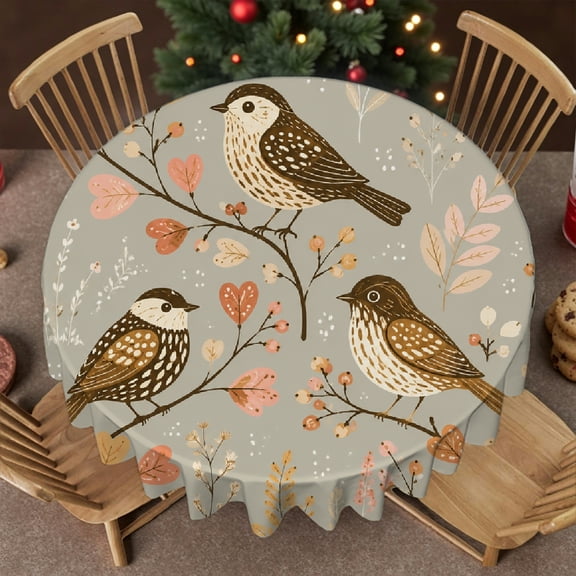 RKSupls 60 Inch Stain Resistant & Washable Decor - Three Songbirds On Heart Branches Print, Festive Round Table Setting Kitchen Accessories Polyester Round Table Cover, Party, Holiday