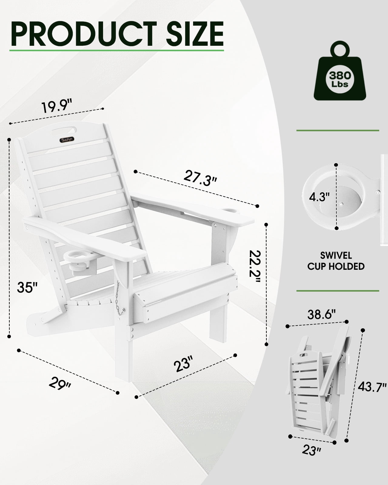 Folding HDPE Adirondack Chair, Weather Resistant Outdoor Fire Pit Patio Chair, White