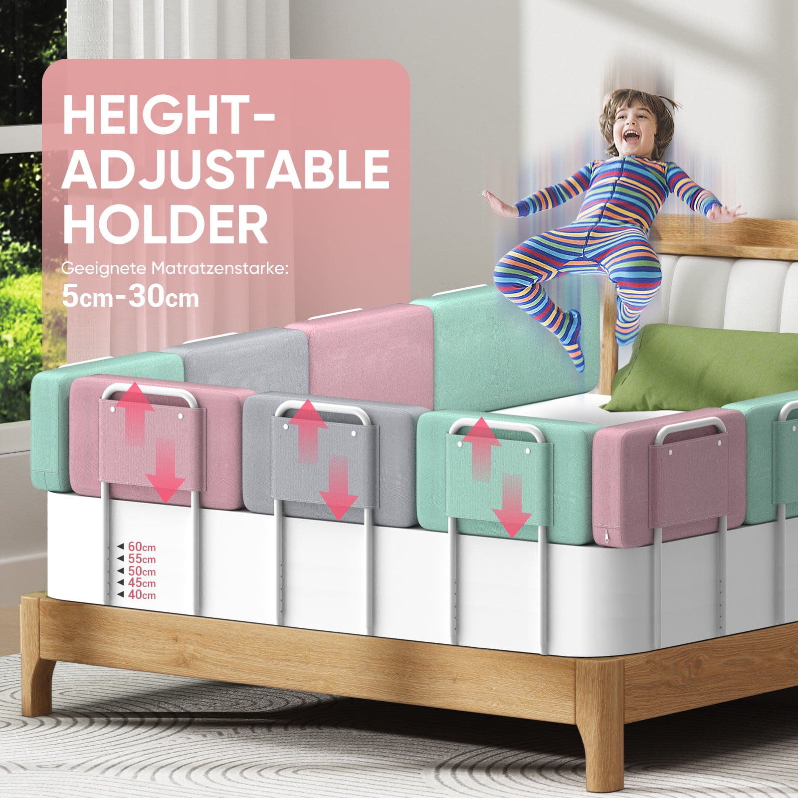 Kidsbuddy 23.6" Toddler Bed Rails Guard Foldable Portable Kids Bed Rail 5 Hole Height Adjustable Bed Rails for Toddlers, 2PC, Pink