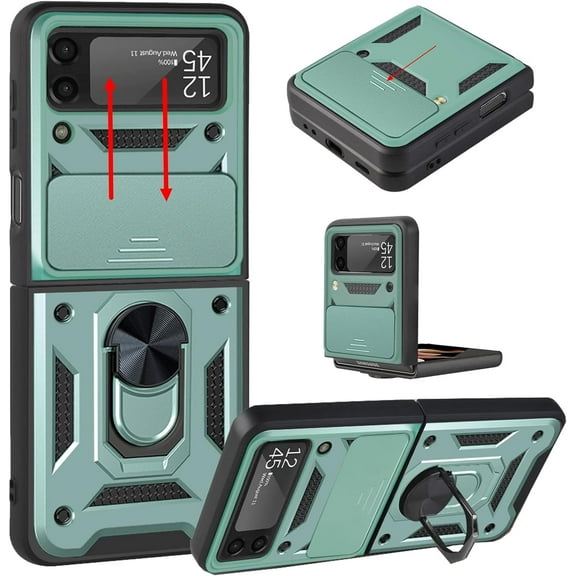 for Samsung Galaxy Z Flip 3 Case Slide Camera Lens Cover Kickstand,Ring Holder Z Flip 3 Cases for Women Men Slim Hybrid Hard Heavy Duty Flip3 for Galaxy Z Flip 3 5G Phone Case 2021 (Green)