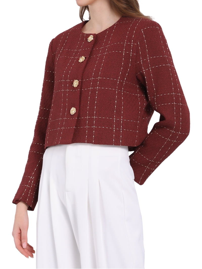 INSPIRE CHIC Women's Plaid Collarless Button Front Crop Tweed