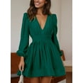 thumbnail image 4 of Liacowi Women Long Sleeve Dress Casual Solid Color Deep V Neck A-Line Party Mini Dress for Beach Cocktail Club Streetwear, 4 of 8