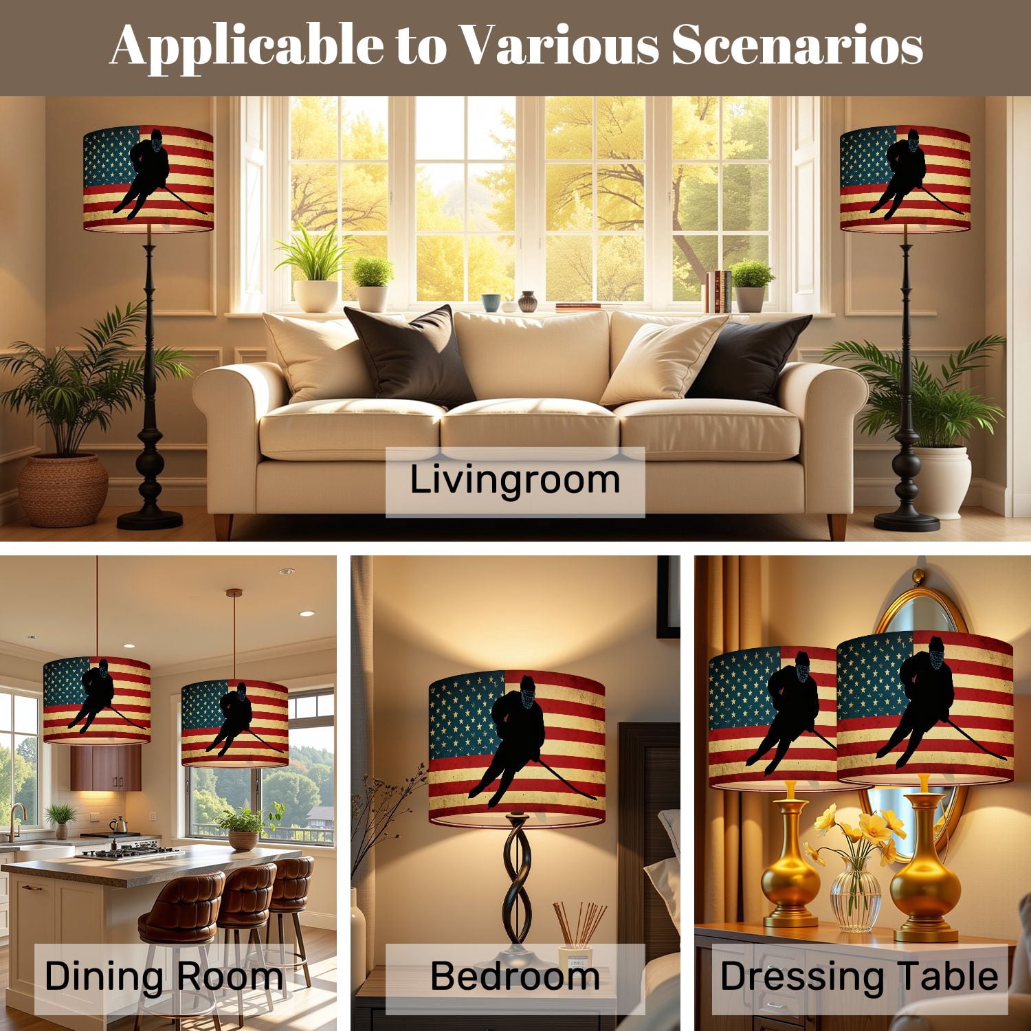 Lamp Shades Set of 2 Silhouette Hockey Player Against American Flag Independence Day 13" x 13" x 10" Lampshade for Table Lamps Floor Lamps Lamp Shade Replacement Easy Assembly Required