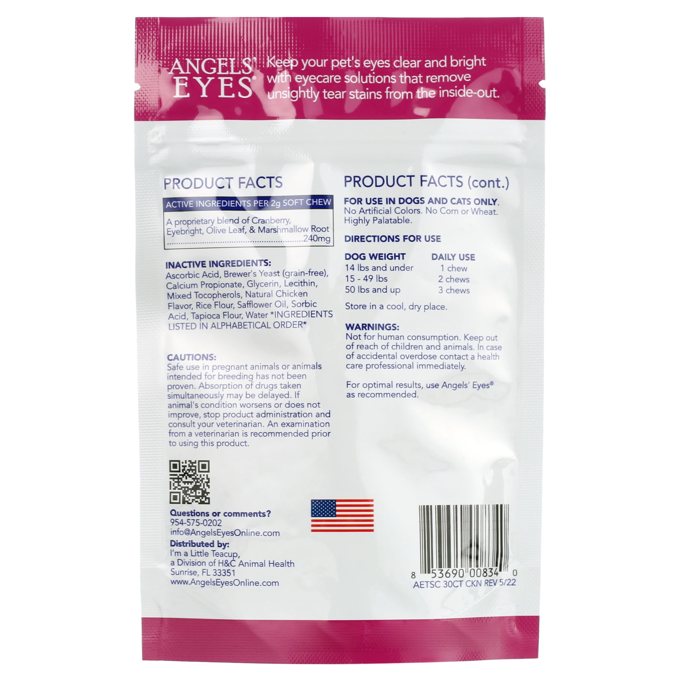 Angels’ Eyes Tear Stain Soft Chews for Dogs and Cats, Chicken Flavor, Pet Eye Care and Grooming, 30 Count Bag
