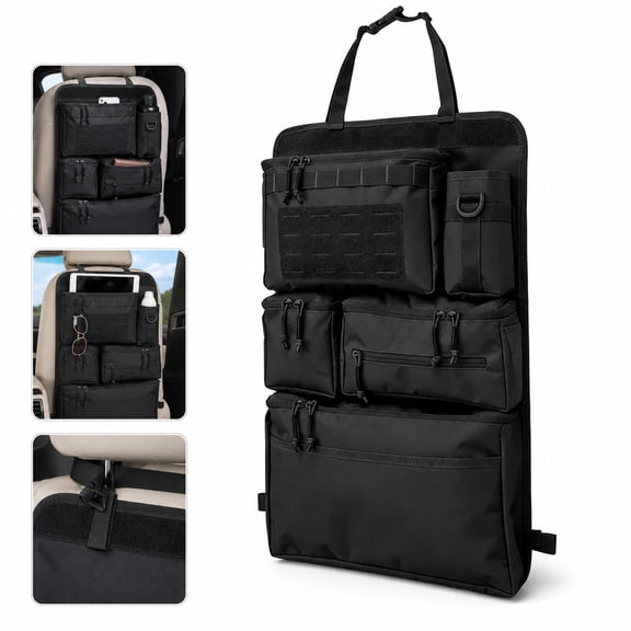 Tactical Car Backseat Storage Organizer, Heavy Duty Rear Seat Hanging Bag for Outdoor and Vehicle Use, Black