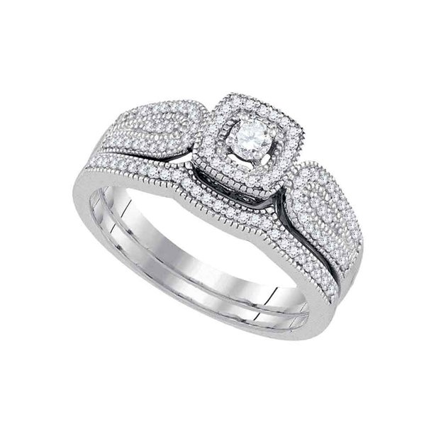 Size 10.5 - 10k White Gold Round Diamond Square Halo Bridal Wedding Engagement Ring Band Set (1/3 Cttw)