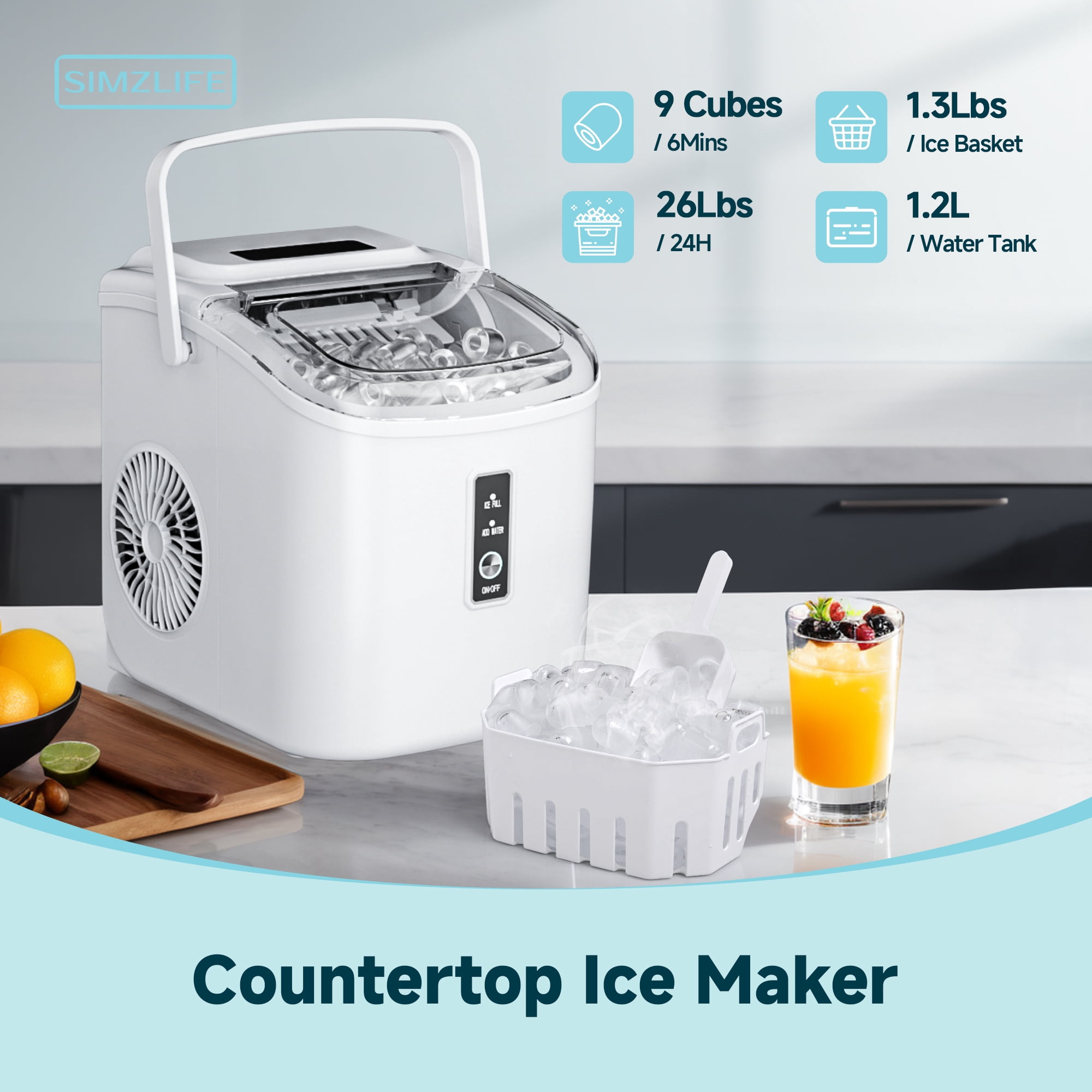 Simzlife Countertop Ice Maker with Handle,Portable Ice Machine with Basket and Scoop, 9 Bullet Ice In 6 Mins, 26Lbs/24H, Self-Cleaning