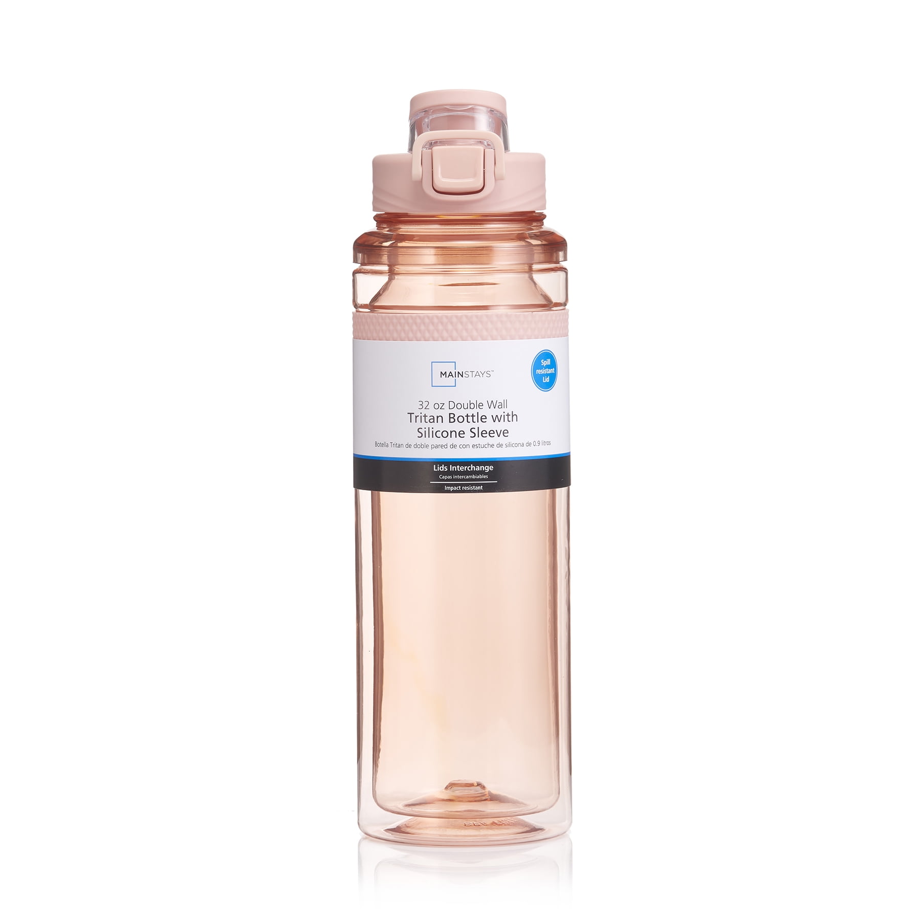Mainstays 32 fl oz Pearl Blush Pink Solid Print Plastic Water Bottle with Wide Mouth Lid