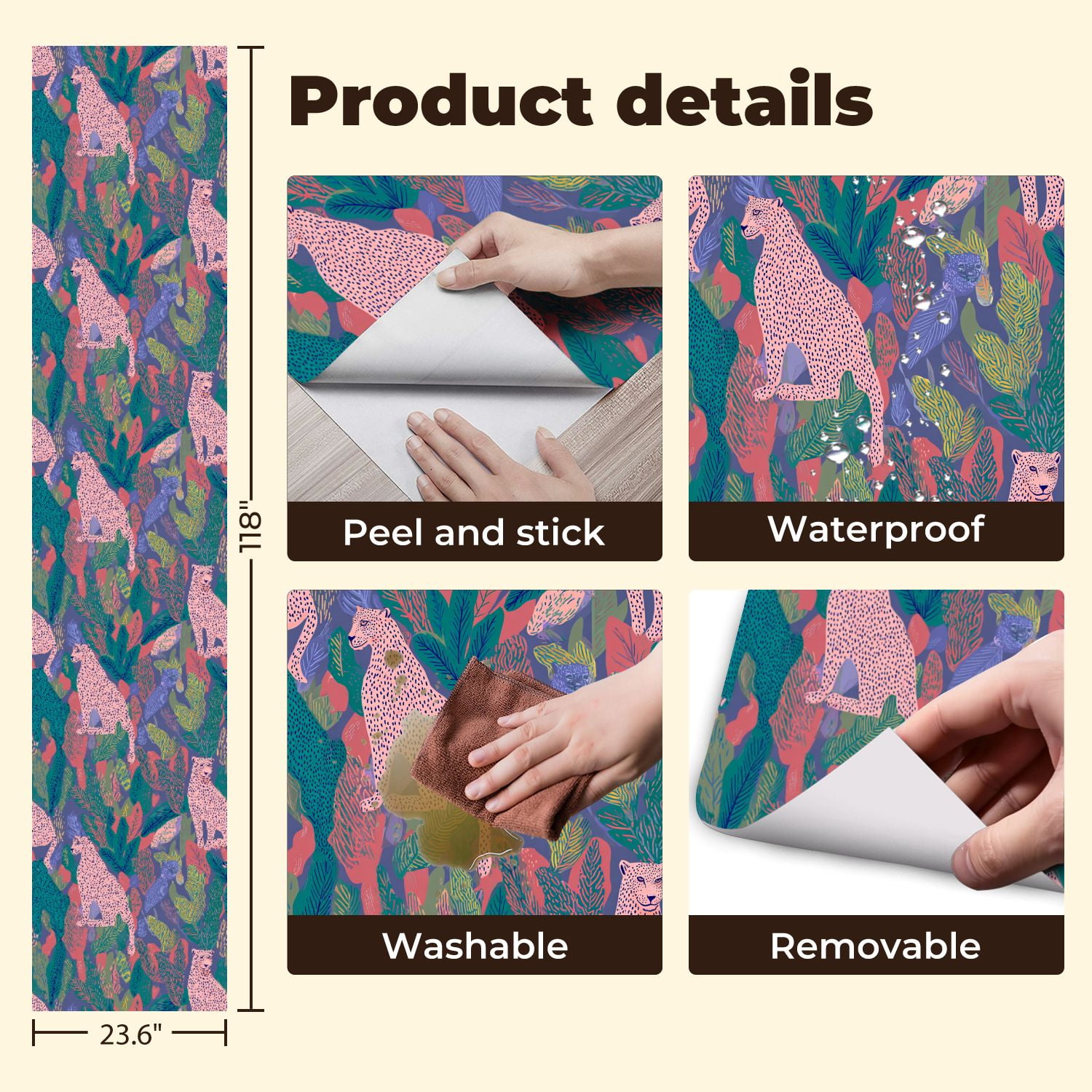 Cheetah Peel and Stick Wallpaper 23.6in x 9.8ft Pink Teal Cheetah Jungle Tropical Leaves Purple Contact Paper Vinyl Waterproof Self Adhesive Wall Paper for Bedroom Shelf Cabinet Renter Friendly