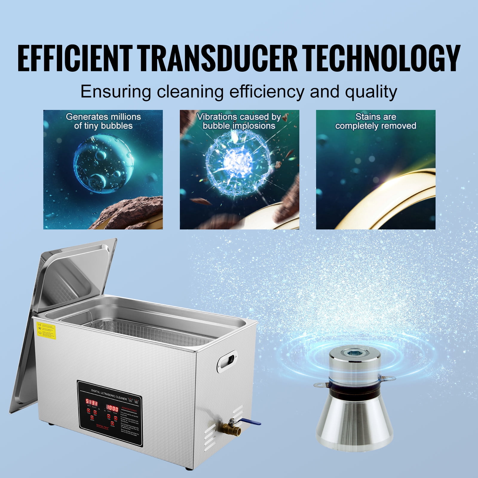 SKYSHALO Digital Ultrasonic Cleaning Device, Professional Jewelry and Watch Cleaner, Stainless Steel Machine with Heater and Timer for Glasses, Rings, Small Items, and Circuit Boards (30L)