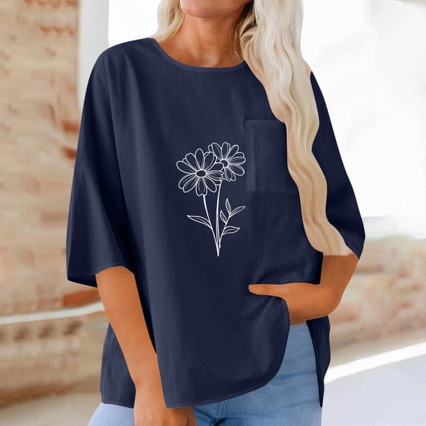 TaTaai Women Casual Loose Imitation Linen Blouses 3/4 Sleeve Round Neck Oversized Pocket Lightweight Breathable Summer Daily Tops Gift