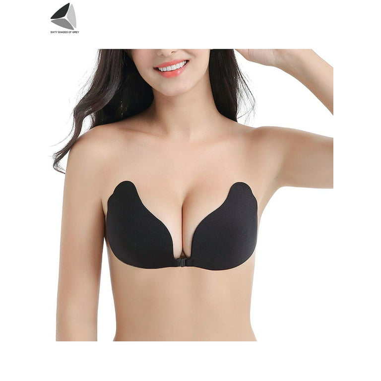 PULLIMORE 2 Pack Women Self Adhesive Invisible Bras Butterfly Wings  Strapless Push Up Chest Stickers For Dress Halter (Cup B, Black+Skin) 