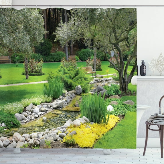 Ambesonne Garden Shower Curtain, Japanese Park Landscape, 69"Wx84"L, Green