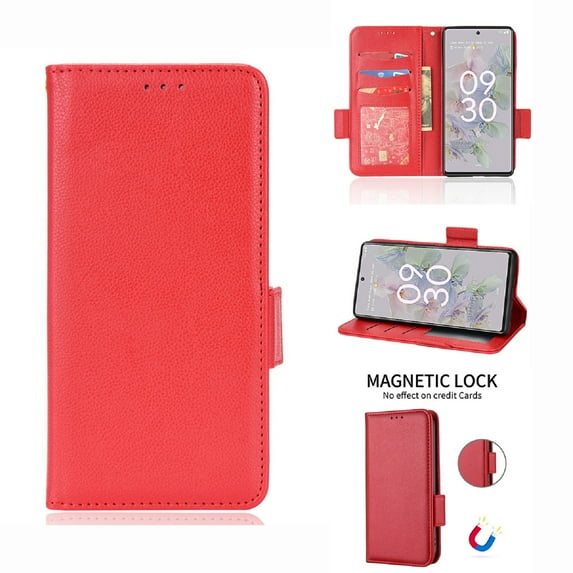 Wallet Case for Google Pixel 6A, Soft Silicone Lychee Pattern PU Leather Shockproof Flip Cover with Card Slots Holder Magnetic Clasp Lock Drop Resistant Kickstand Phone Case,Red
