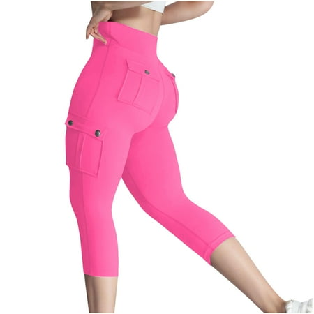 Summer Savings Clearance! Atogsazn Womens Butt Lifting Biker Capri Cargo Leggings Workout Yoga Shorts High Waist Shorts with Mutli Pocket B-Hot Pink S