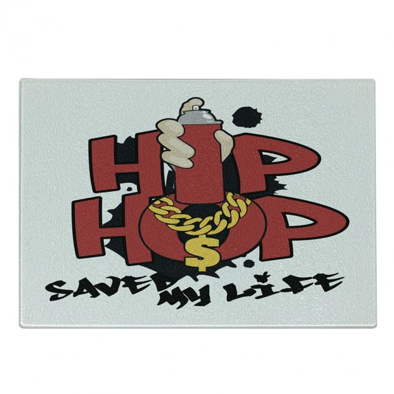 Hip Hop Cutting Board, Hip Hop Saved My Life Phrase in Grafitti Style with Spray Chain, Decorative Tempered Glass Cutting and Serving Board, Small Size, Vermilion Black Yellow, by Ambesonne