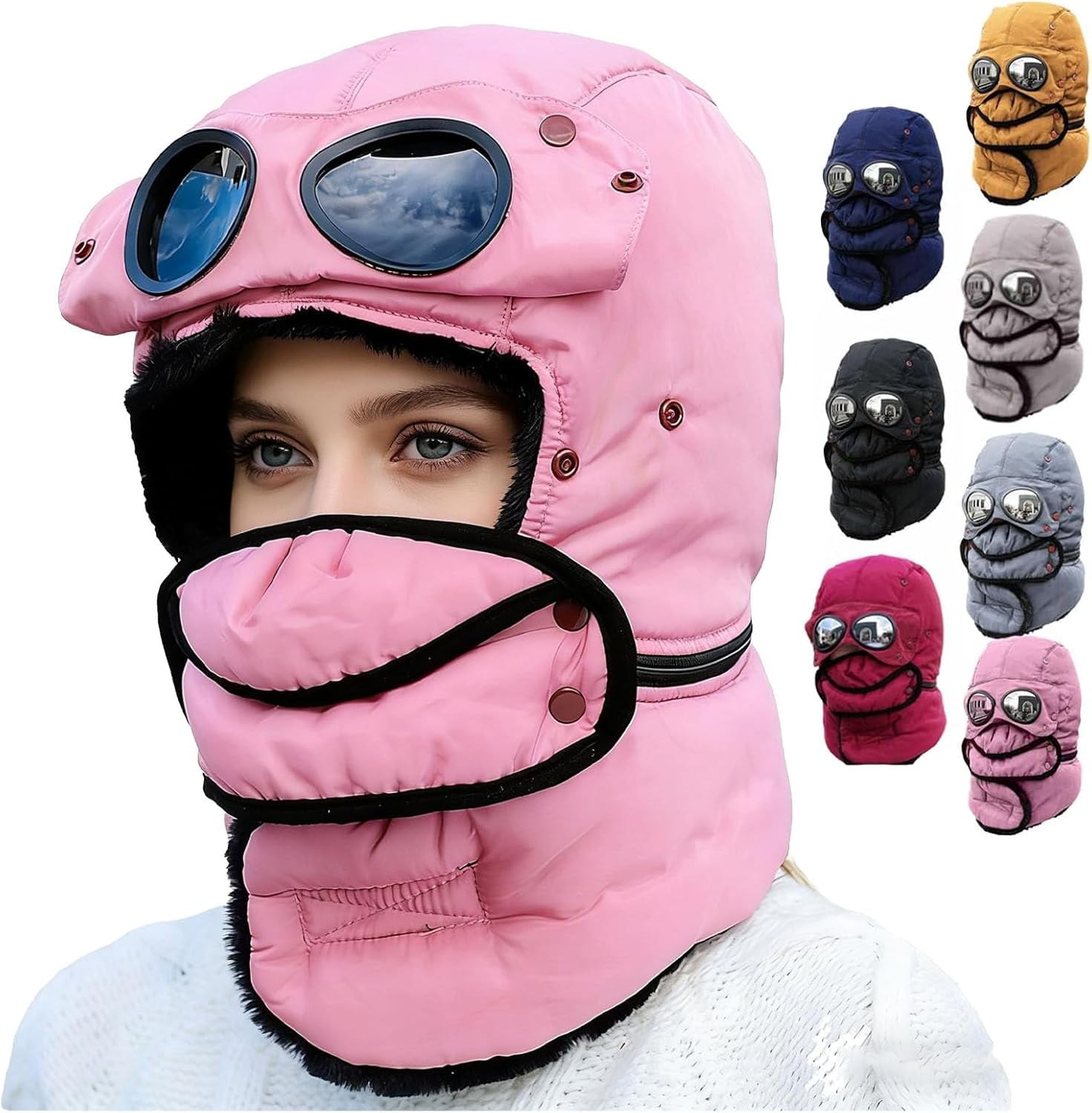 Winter Thermal Hat with Glasses, Winter Pilot Hat Trapper Hats, Beanie with Goggles, Cycling Windproof Ski Mask Cap