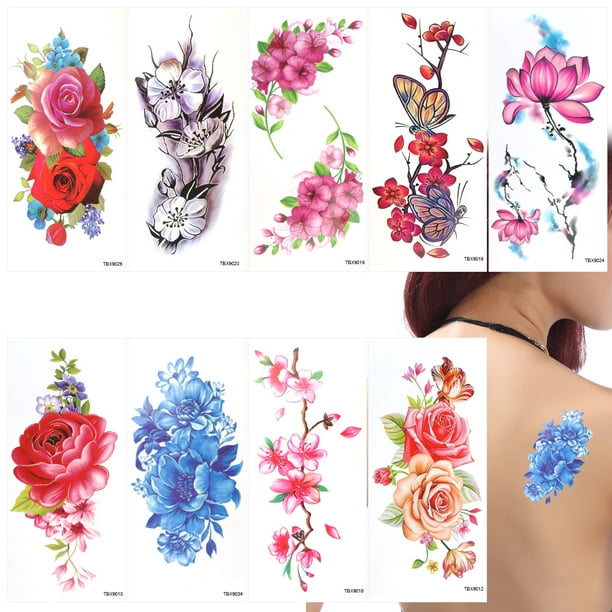 9 Sheets Temporary Tattoo Rose Peony Flower Butterfly Lotus Cherry Blossoms Flash Tattoo For Women Walmart Com