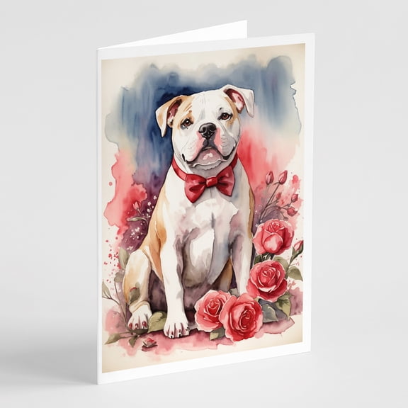American Bulldog Valentine Roses Greeting Cards Pack of 8 7 in x 5 in