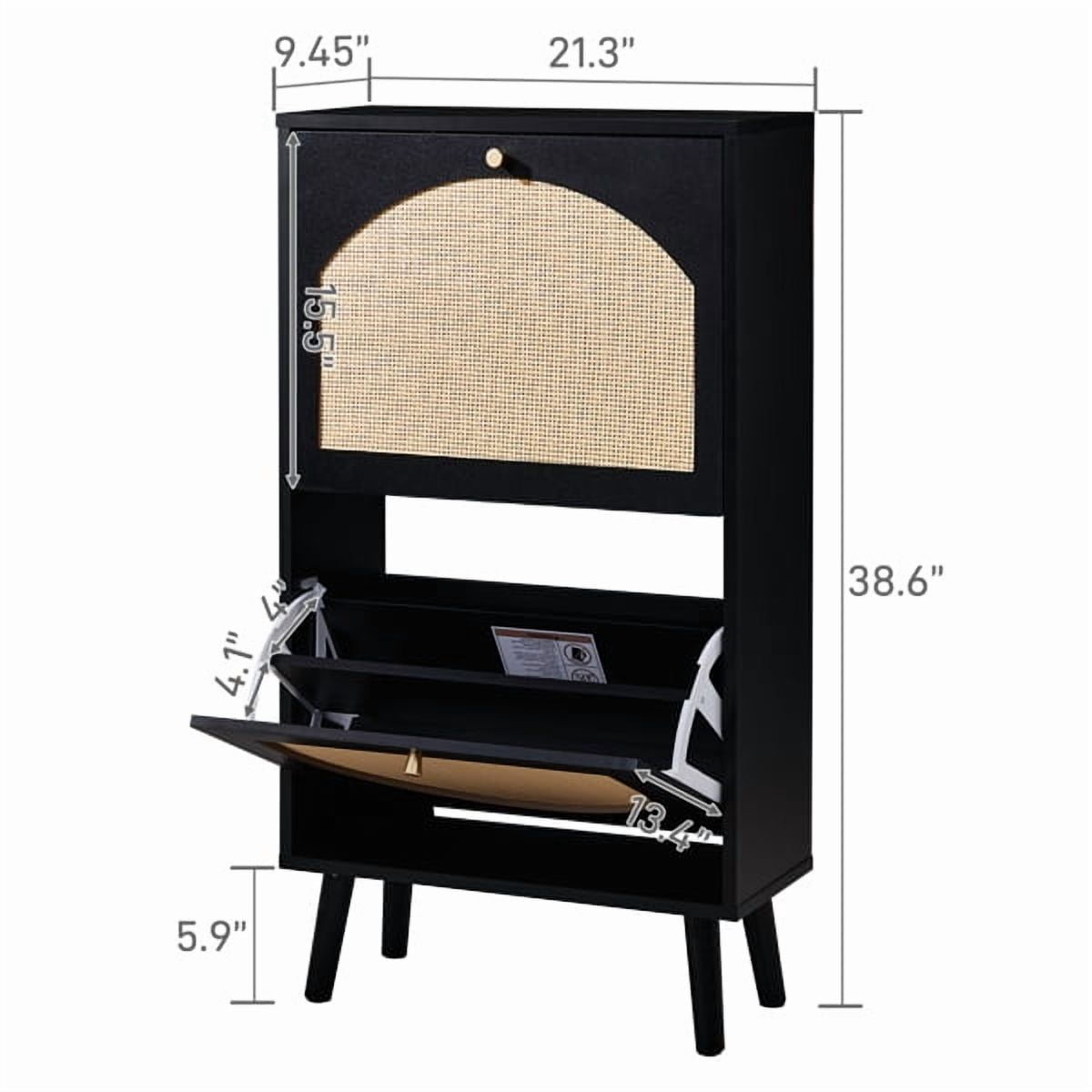 AsterOutdoor Modern 2-Door Flip-Down Shoe Cabinet Black Frame with Rattan Design, 98cm Height, Slim 24cm Depth, Stores 6-8 Pairs