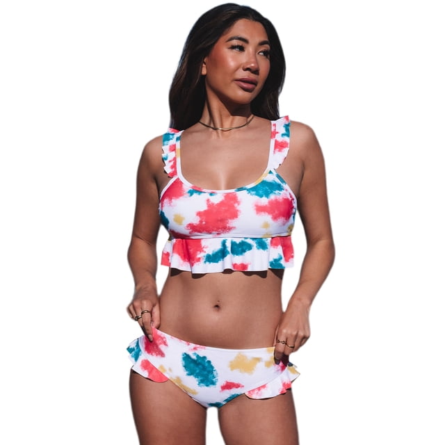 ABPHQTO Bañador de dos piezas con ribete de volante y cuello redondo con efecto tie dye blanco para mujer