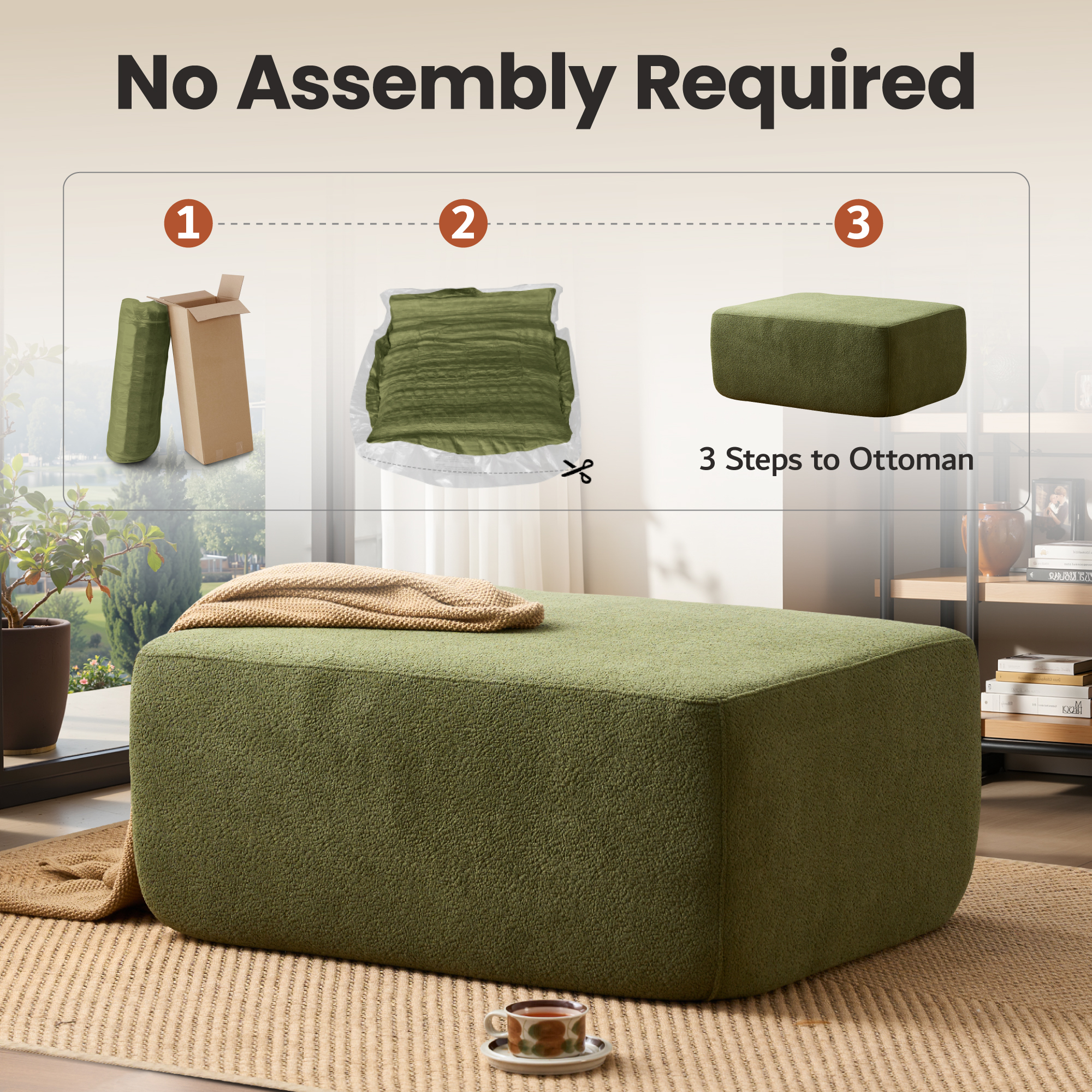 Ovios Oversized Ottoman Footrest for Sofa Large Sherpa Pouf Ottoman Coffee Table Rectangle Floor Bench Extra Seating for Living Room, No Assembly, Green