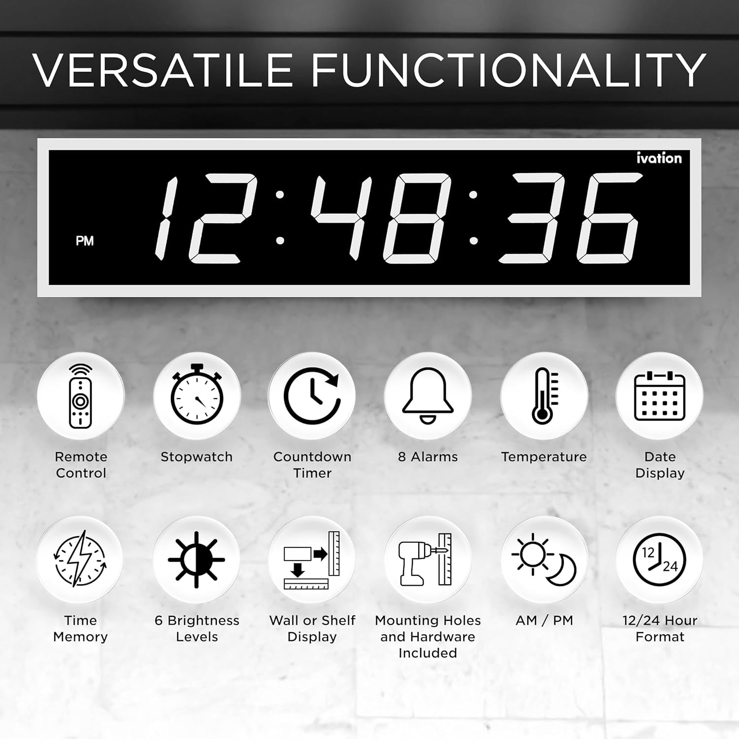 Ivation Large Digital Clock, 48" Led Wall Clock with Stopwatch, Alarms, Timer, Temp & Remote, White