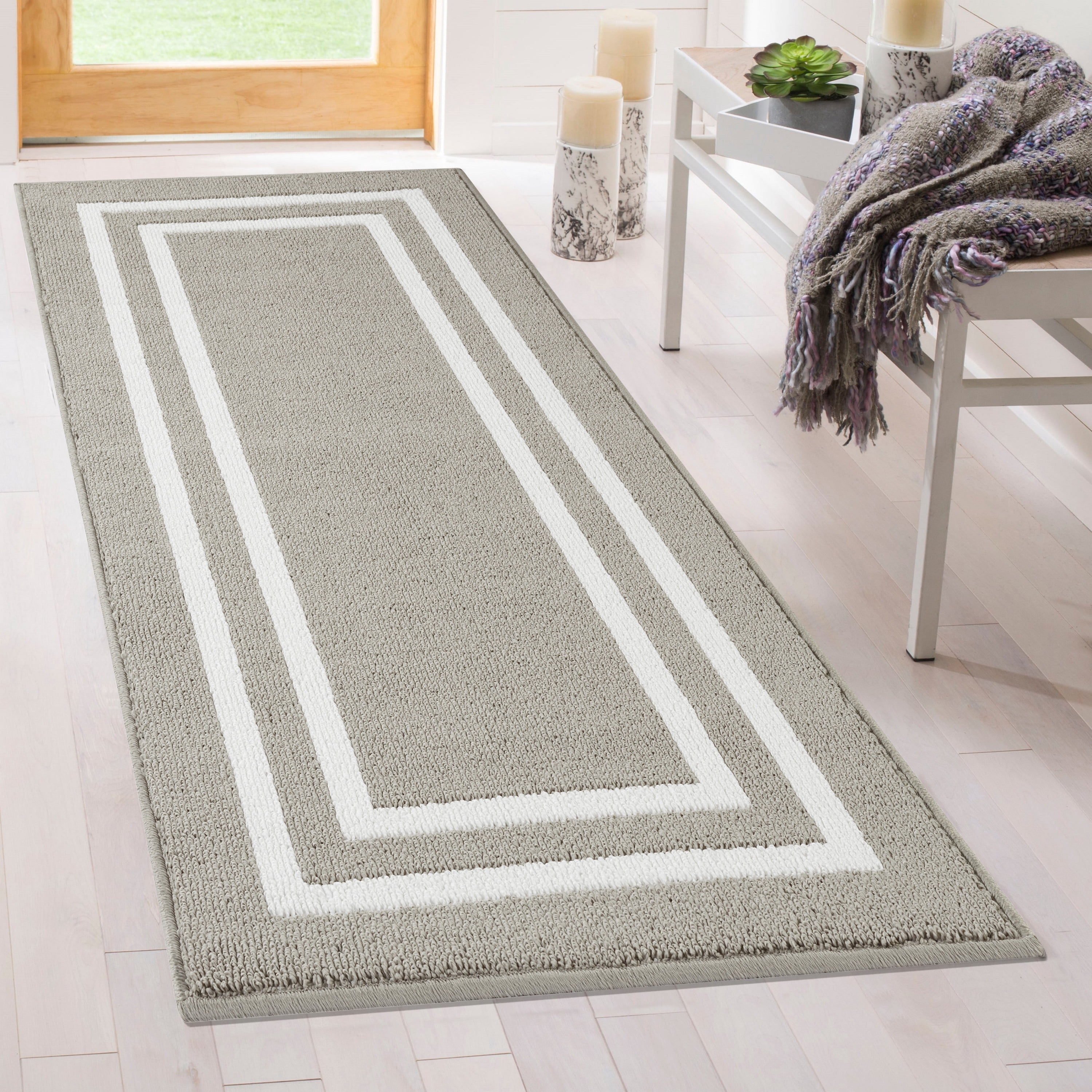 Washable Skid-Resistant Runner Rug, Border, Light Grey and White, 26" x 60"