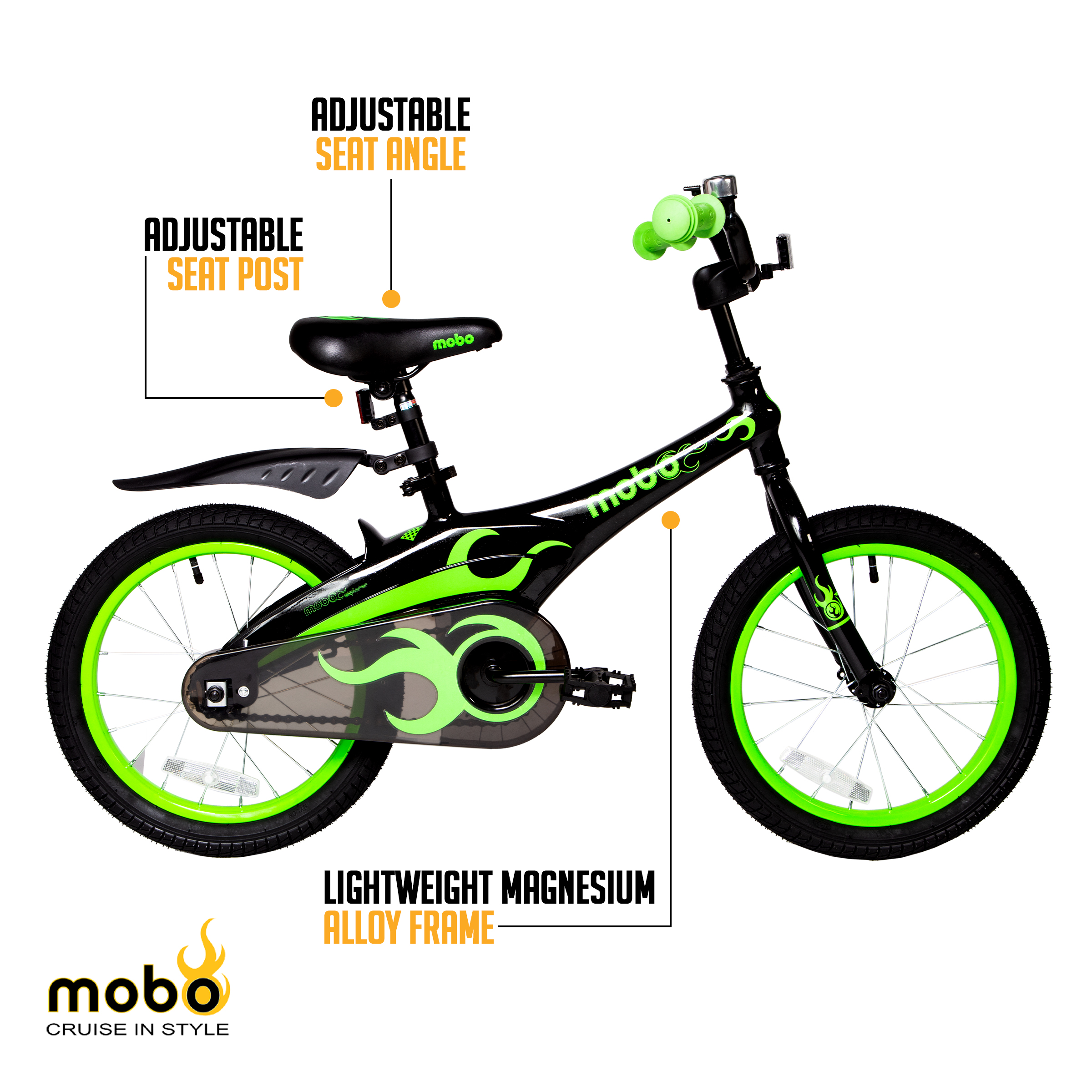 Mobo Lite Bike w/Training Wheels. 16" Child Bicycle, Green