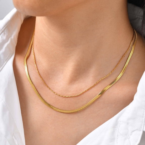 Double Layered 14K Gold Necklace, Snake Bone Chain Chokers for Women, Waterproof Jewelry